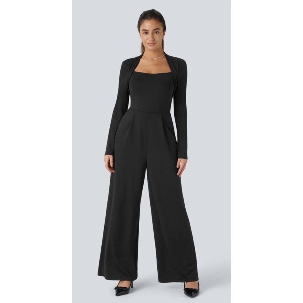 Halara Jumpsuit Women Large Black New Shrug Overlay Square Neck Wide Leg